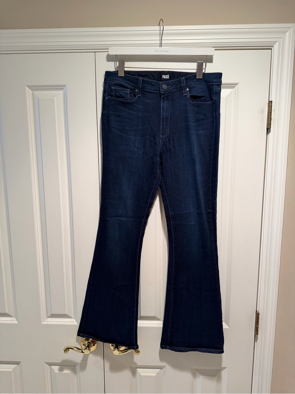 PAIGE Dark Blue High Rise Bell Canyon Flare Jeans - Women's Stretch Denim